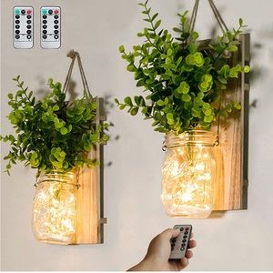 Rustic Wall Mason Jar Sconces, Wall Decor, LED Fairylights, Fake Plant (2 pack)